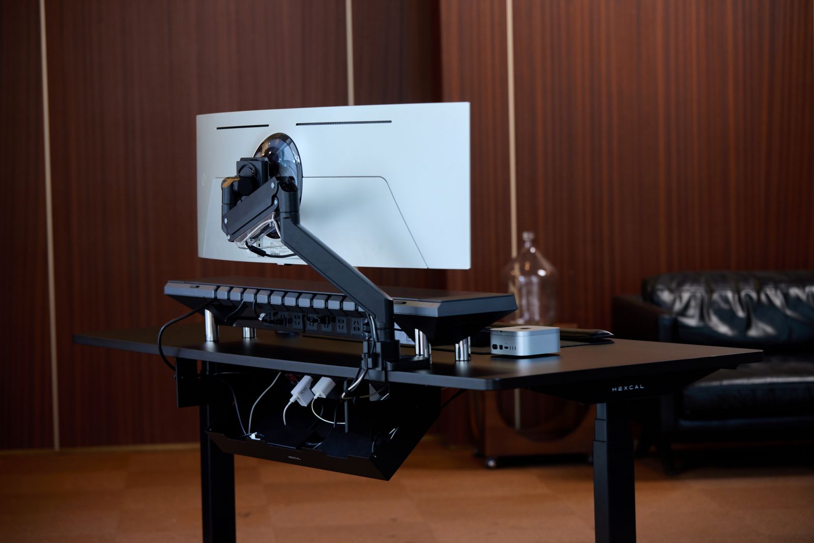 Under desk cable managemen tray provide a designated space for power strips and excess cables.