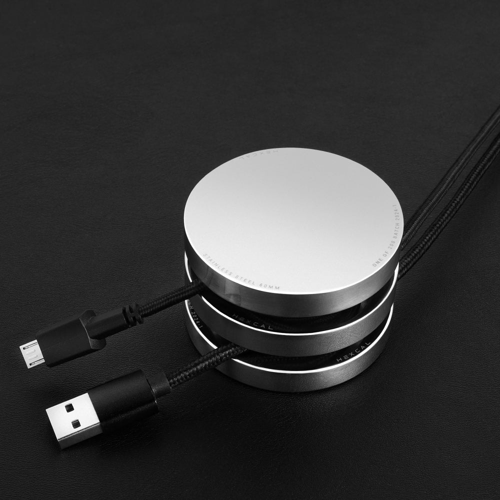 Hexcal 3-piece Stainless Steel Cable Organizer with a middle extension, designed to hold up to two cables securely.