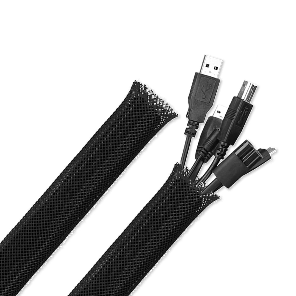 Black mesh cable sleeve bundling multiple USB and power cables for organization and protection.