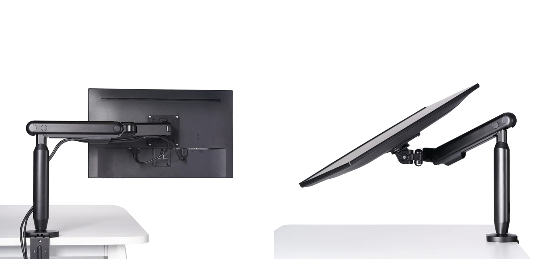 A sleek, adjustable monitor arm holding a large screen, designed for ergonomic positioning and a clutter-free workspace.