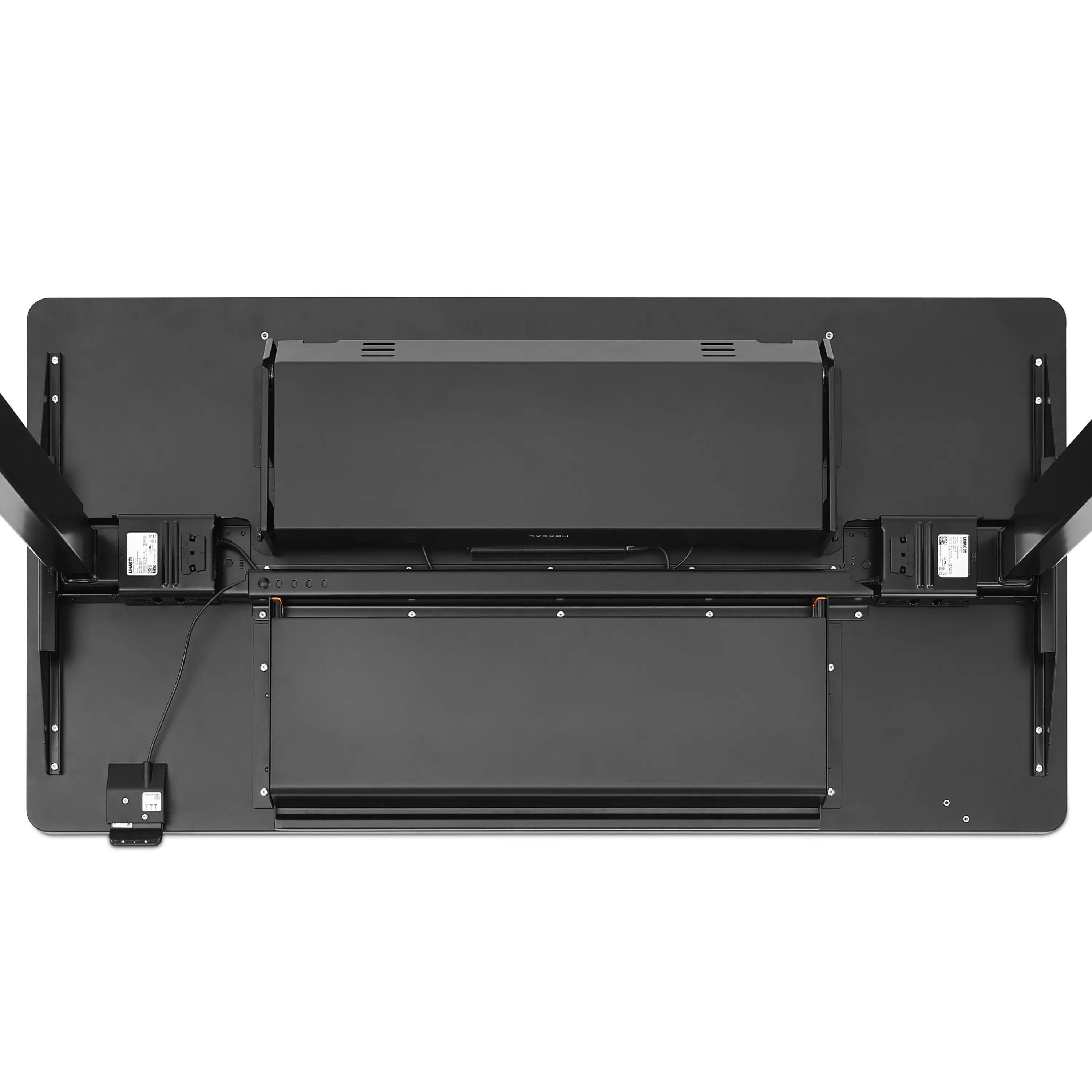 Hexcal standing desk modular system, featuring the Under Desk Drawer for storage and Cable Management Tray for a tidy setup.