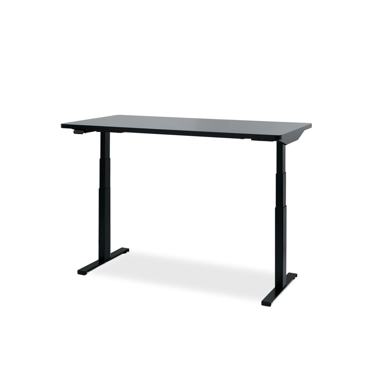 Black adjustable-height desk on a white background