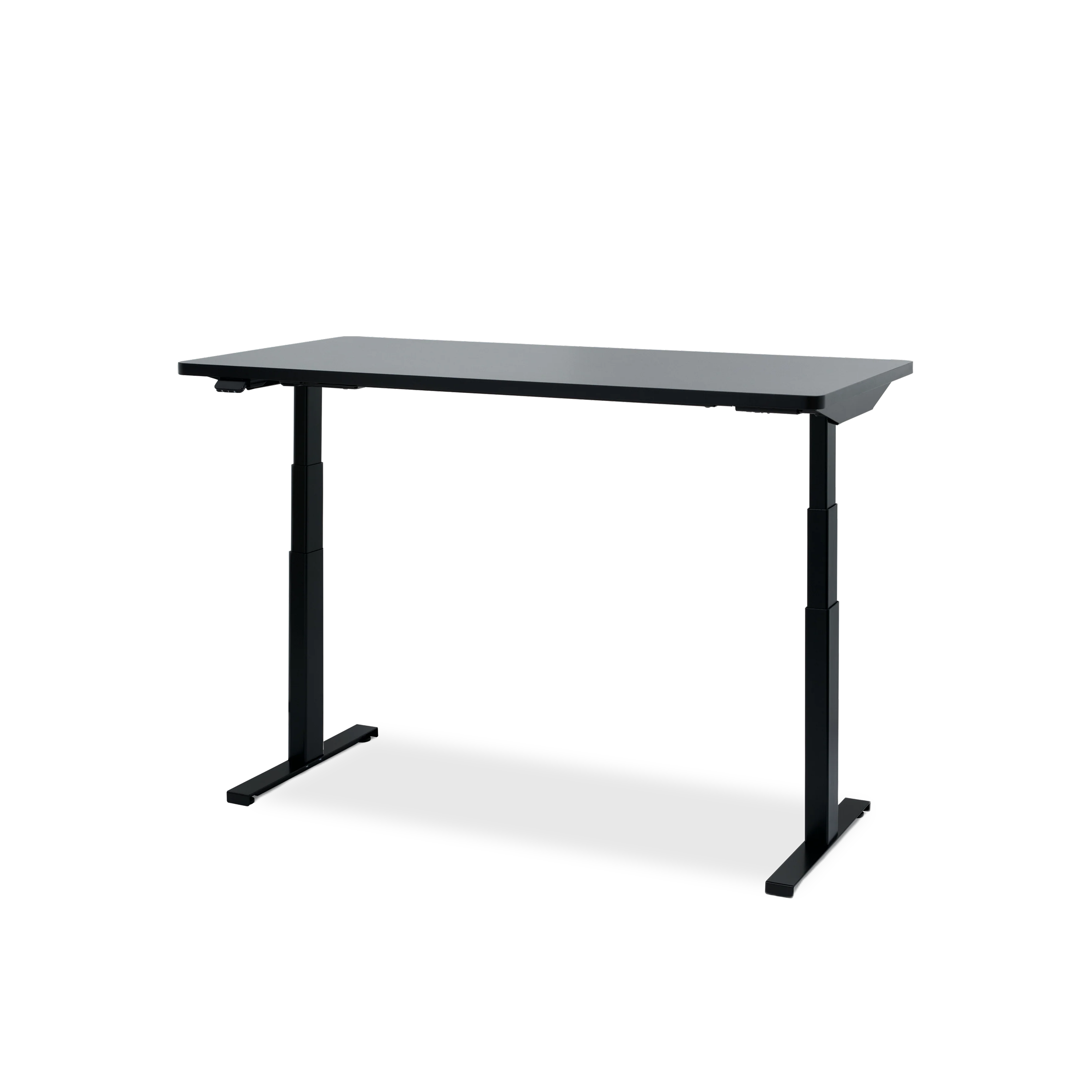 Black adjustable-height desk on a white background