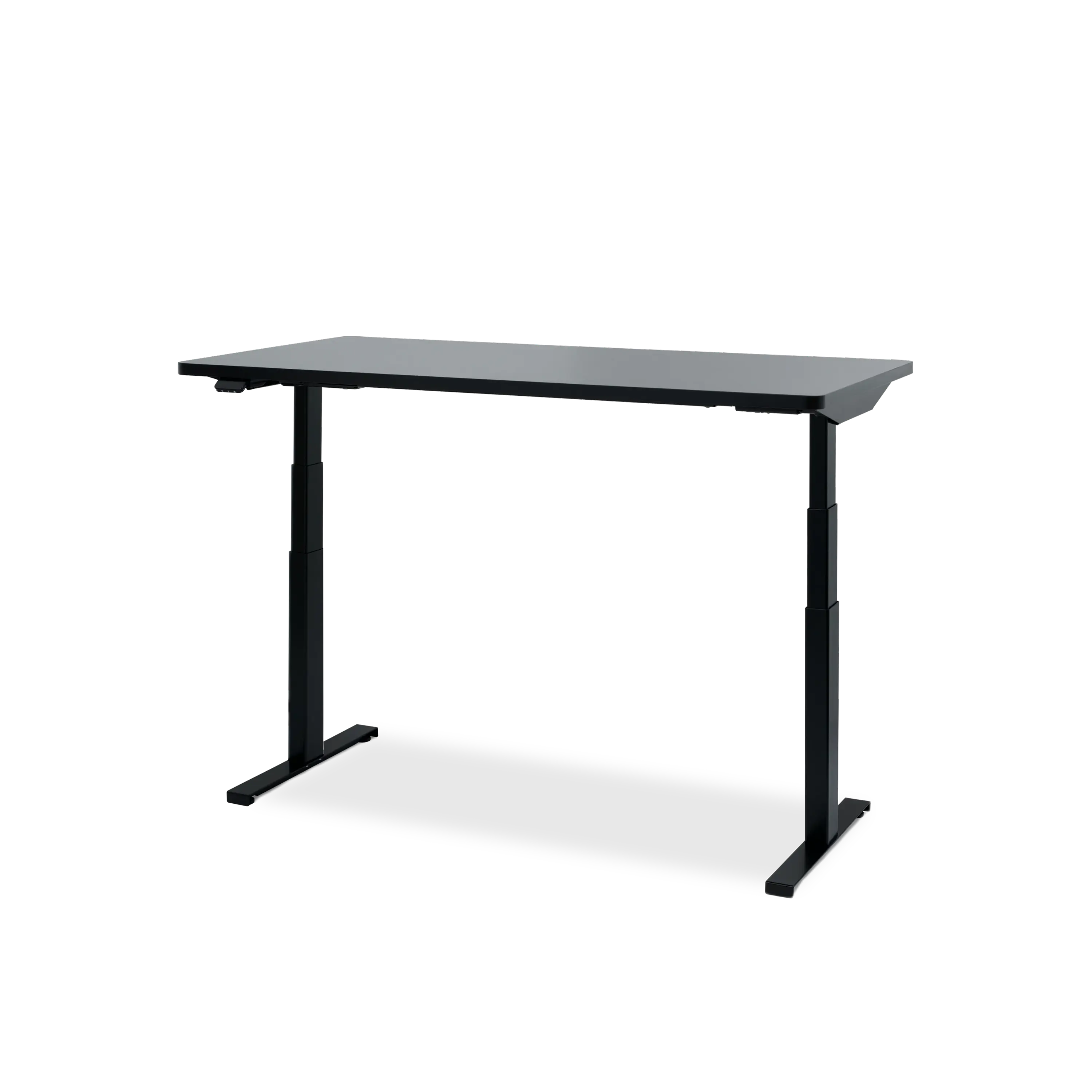 Black adjustable-height desk on a white background