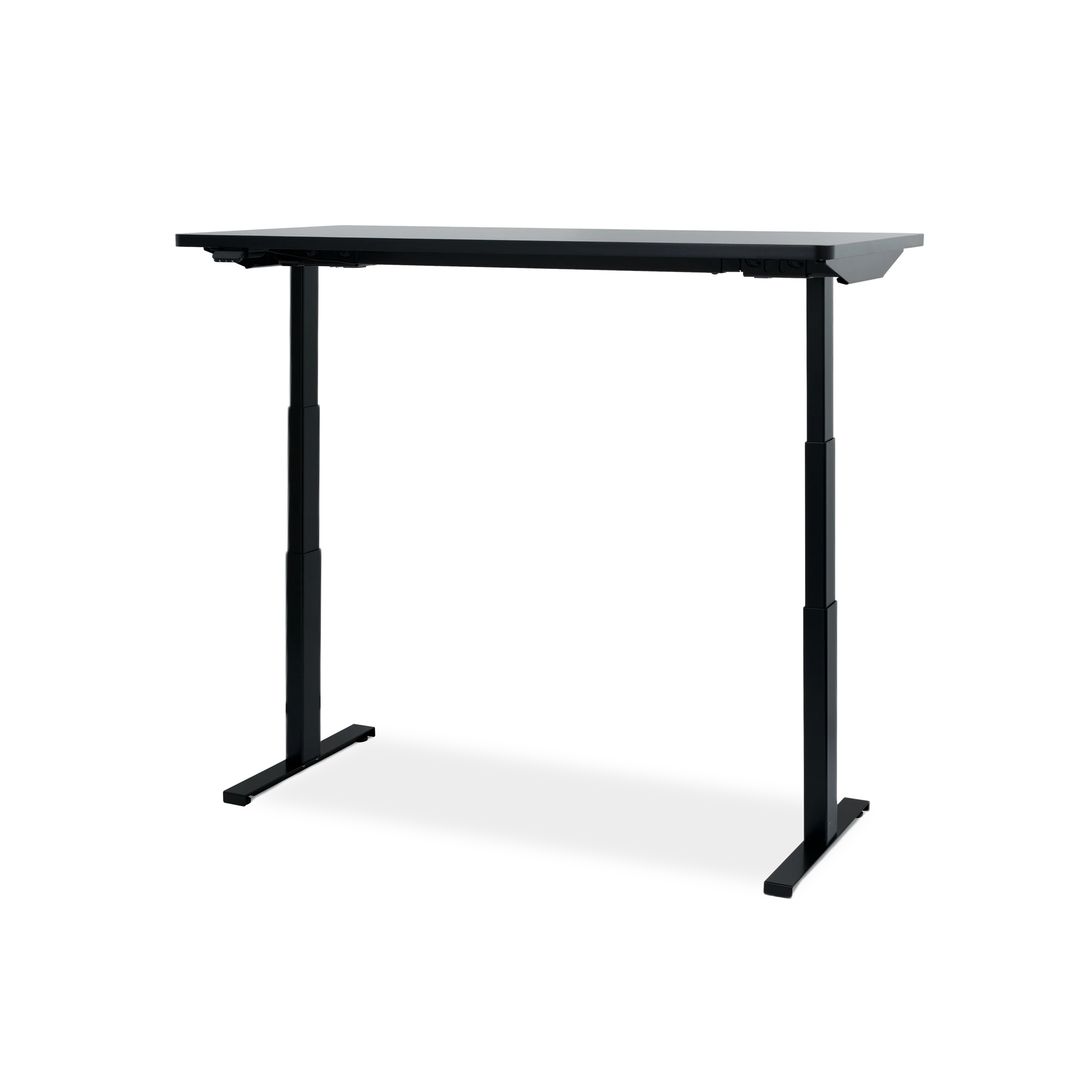 Black adjustable-height desk on a white background