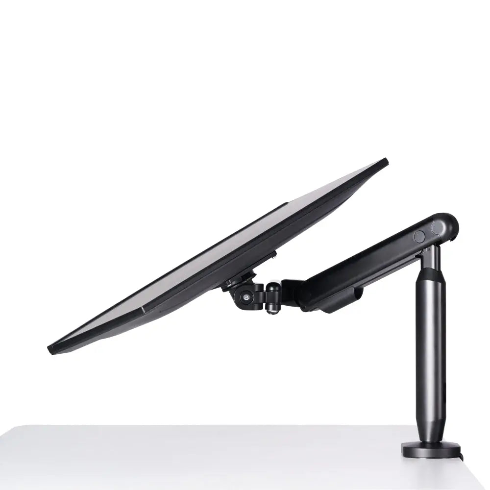 Hexcal Single Monitor Arm holds a screen and adjusts its angle.
