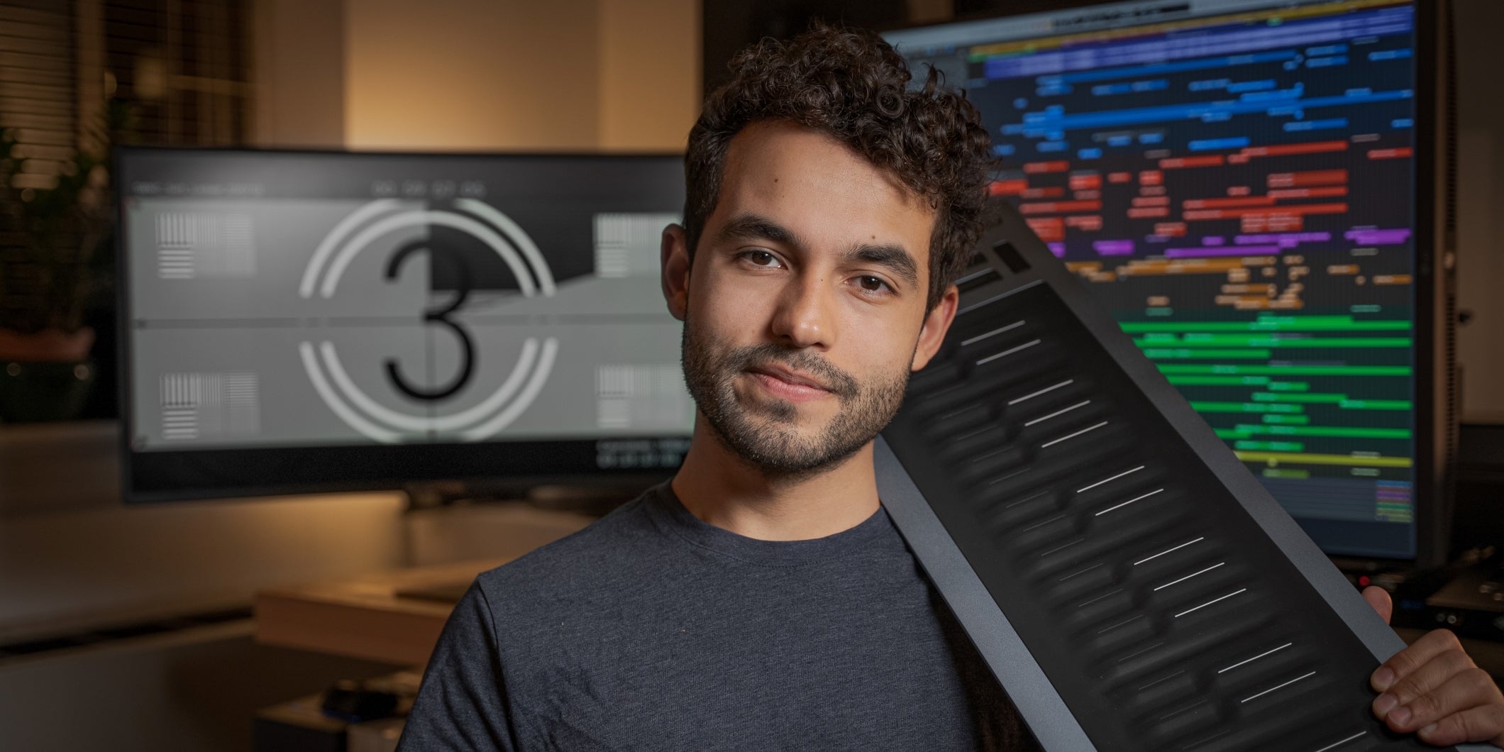 Juan Dussan music composer shows his music studio setting at home in a NYC apartment.