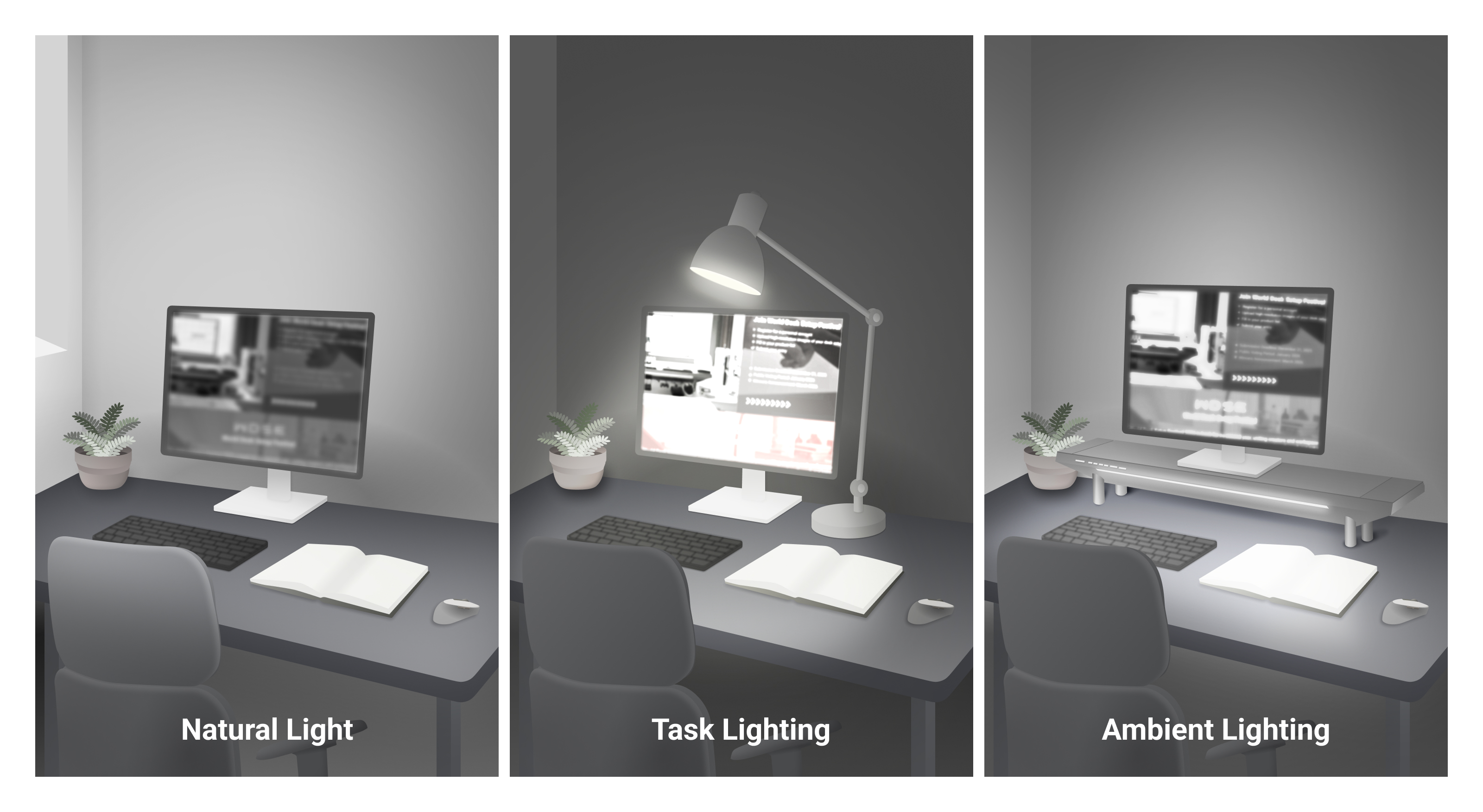 Illustration of natural, task, and ambient lighting in an office: sunlight, adjustable desk lamp, and soft LED or mood lights.