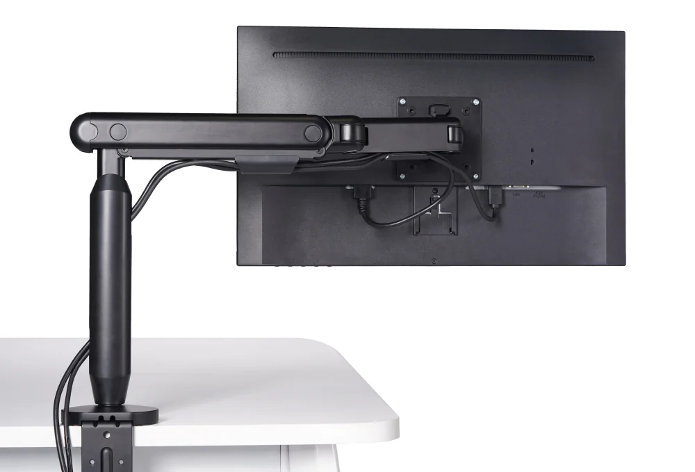 Hexcal Single Monitor Arm helps route cables along the adjustable arm for a clean and professional setup.