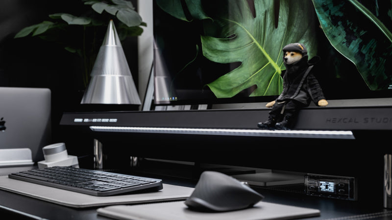 Hexcal Studio's versatile monitor stand featuring premium materials, built-in cable management, and ergonomic design for a clutter-free desk setup