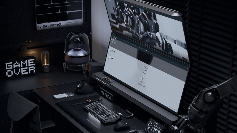 Dark workstation with a monitor, keyboard and desktop equipment
