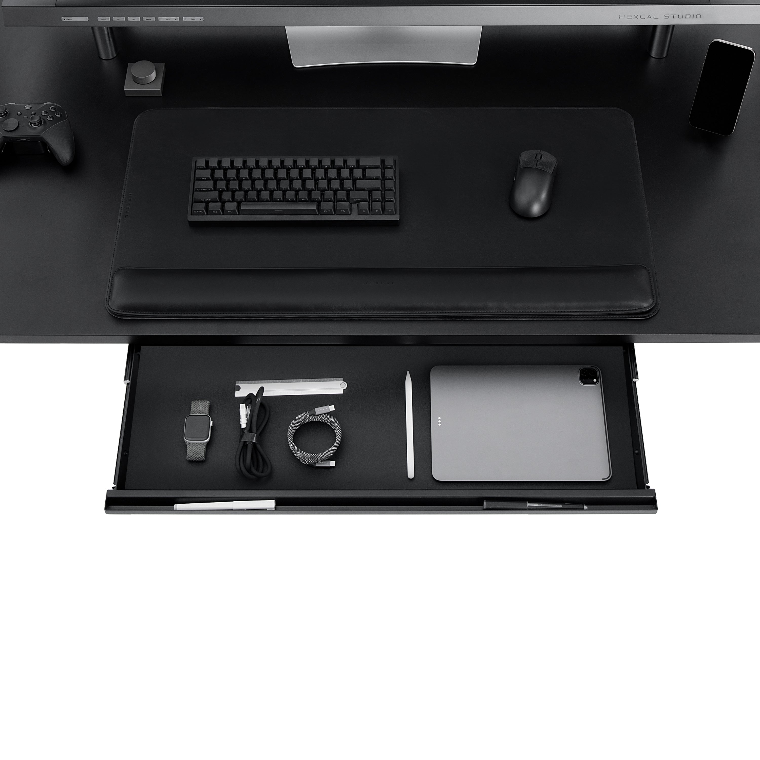 Hexcal under-desk ecosystem with drawer and cable management tray.
