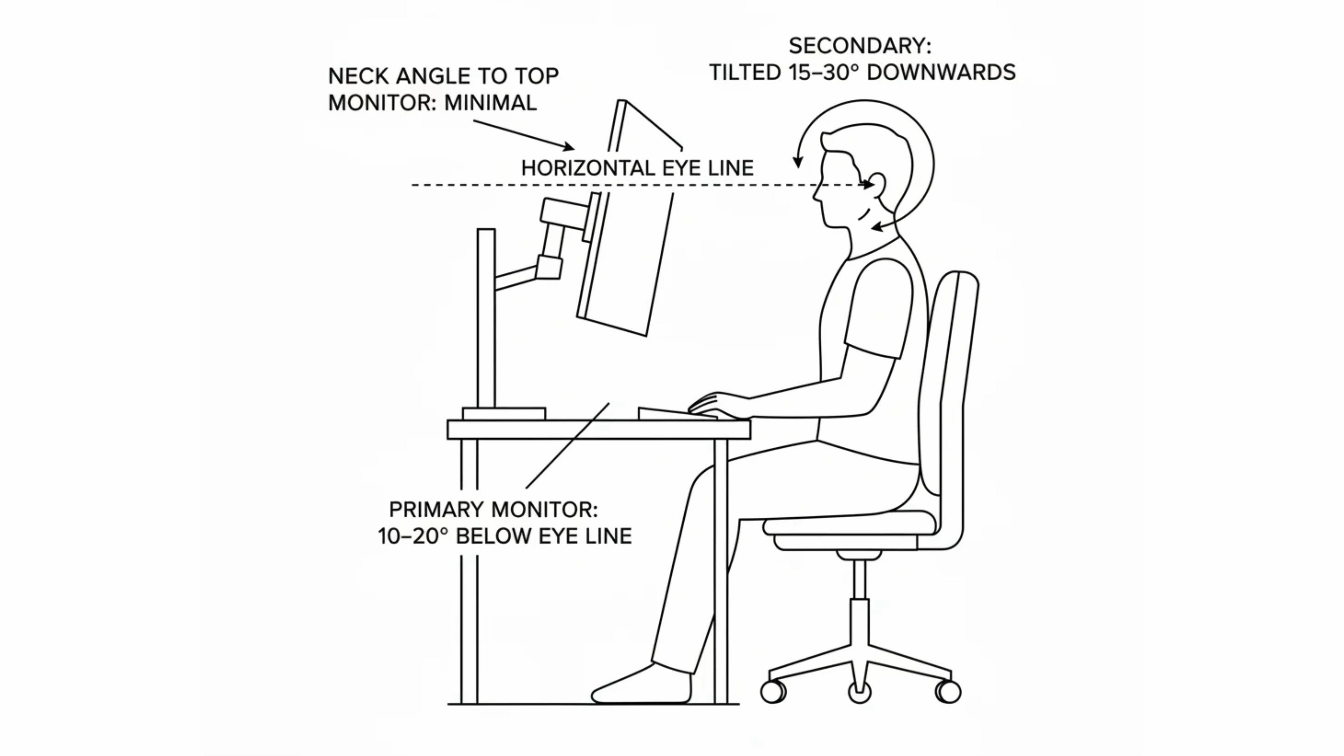 Diagram showing correct ergonomic posture for using a computer with text labels.