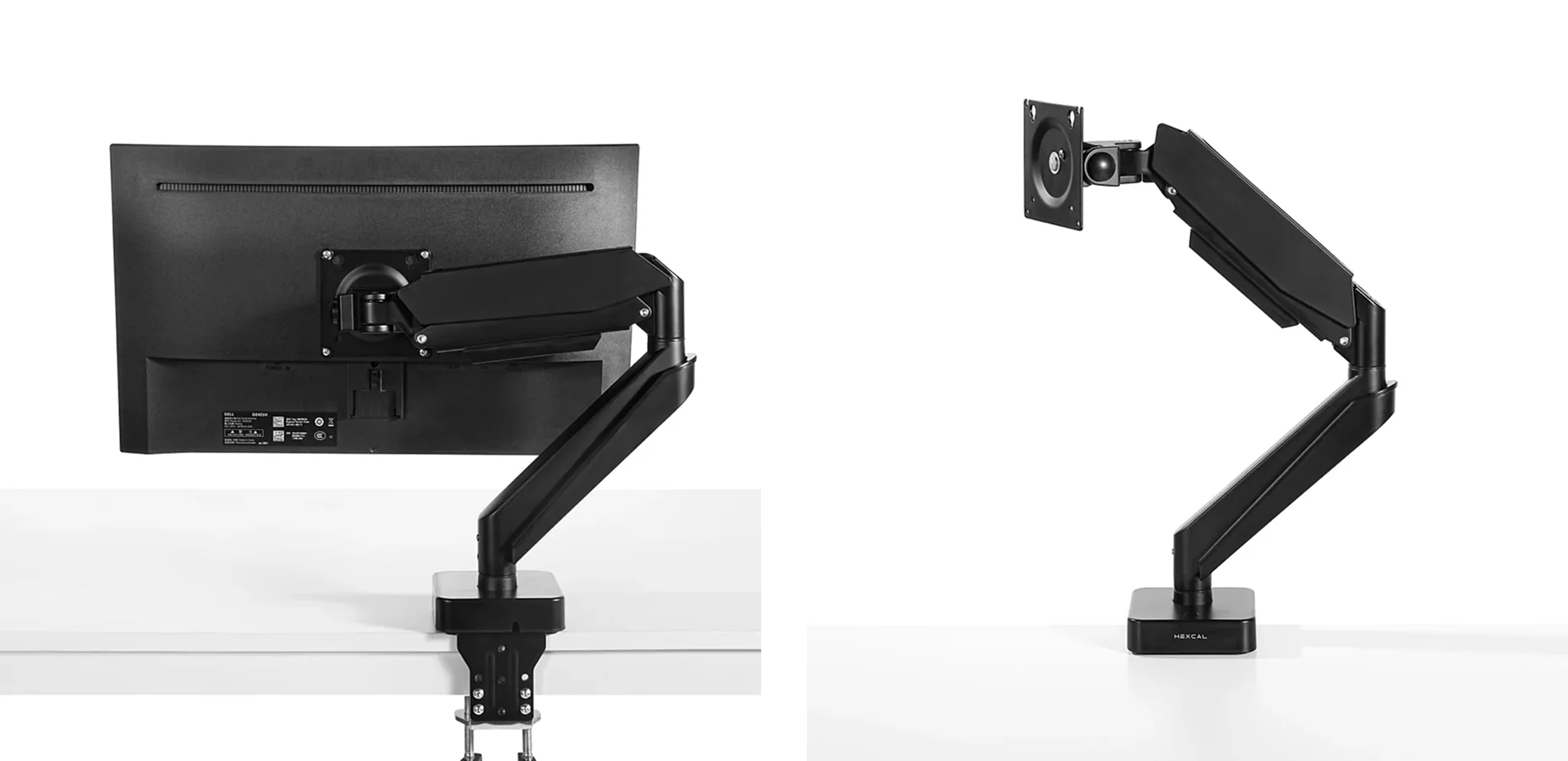 Product showcase of the Hexcal single monitor arm with integrated cable management and sleek finish.