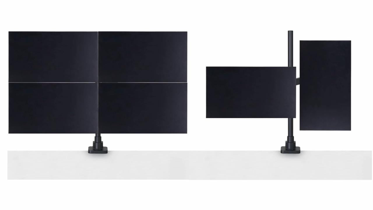 Versatile multi-monitor arm configurations showing quad-screen matrix and landscape-portrait dual screen setups.