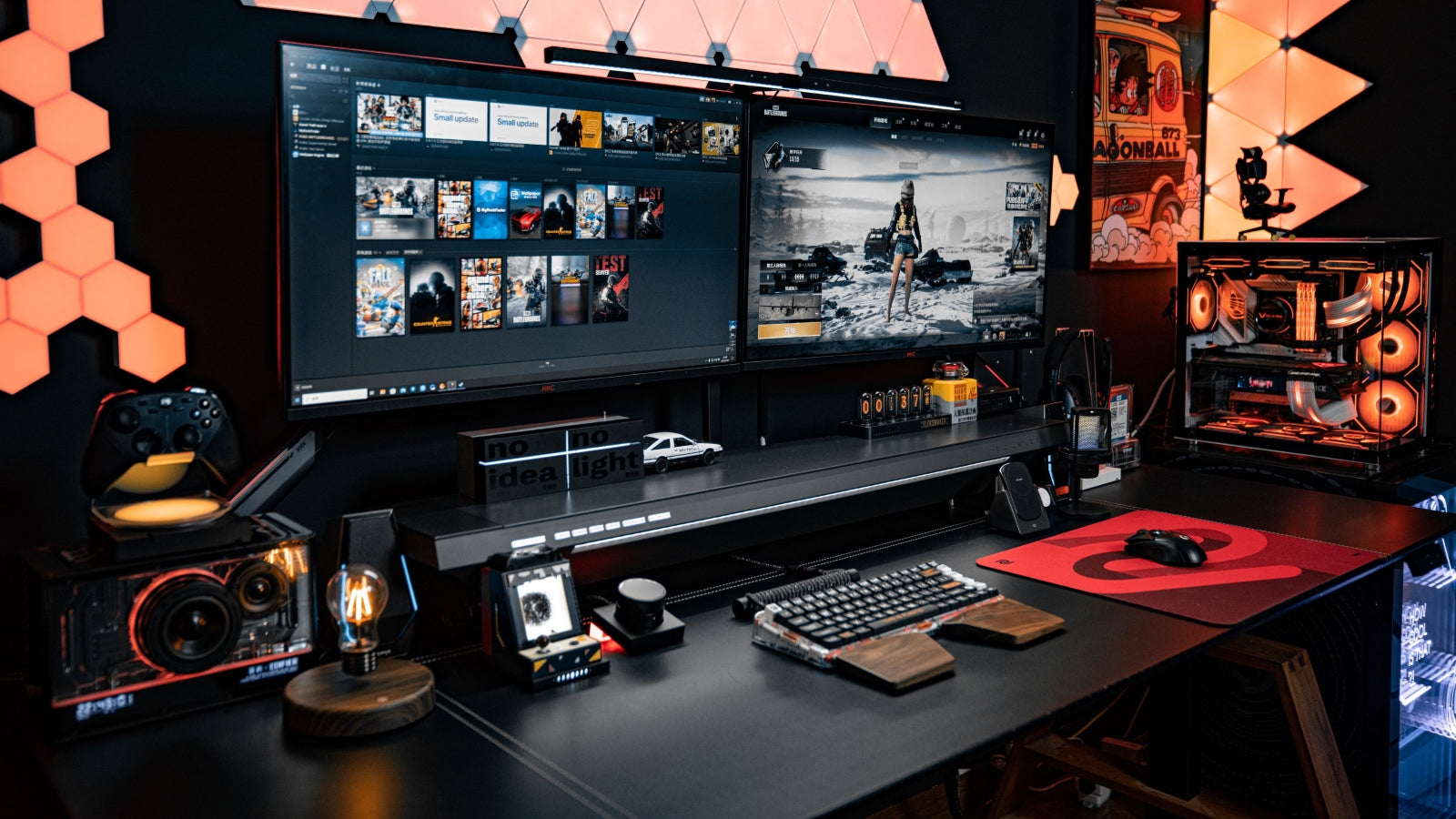 A RGB gaming room idea powered by Hexcal Standing desk and monitor stands.