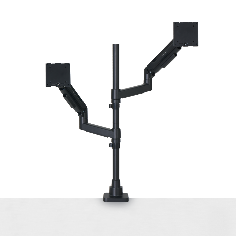 Hexcal Monitor Mount System dual arm configuration overview.