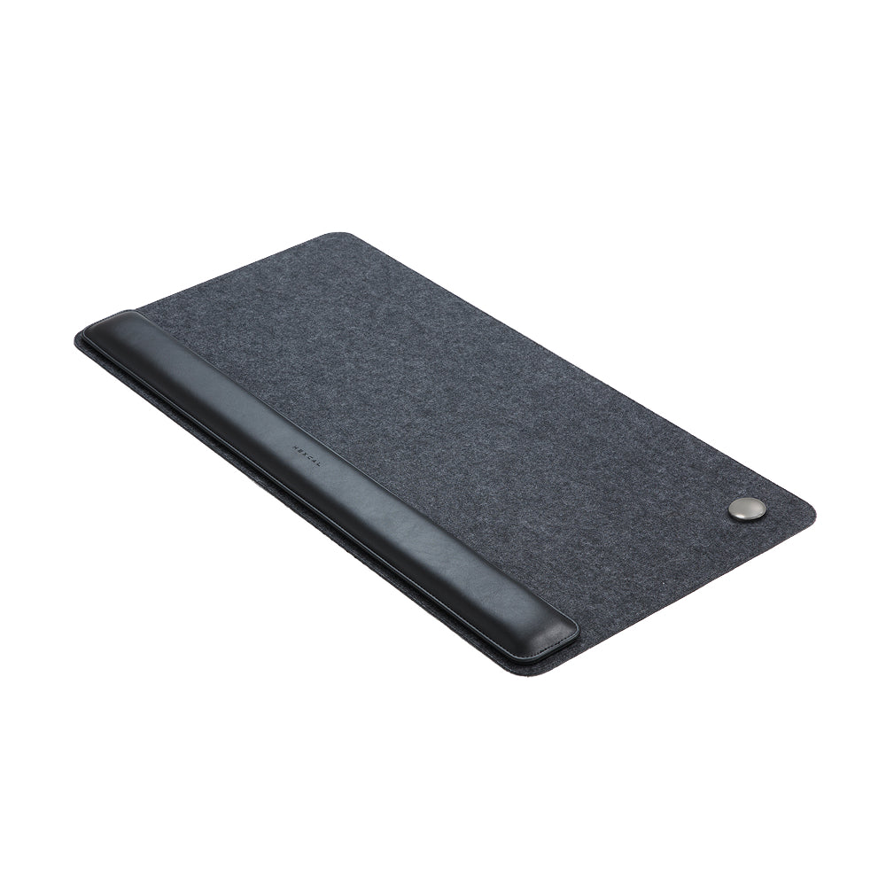 Hexcal Desk Mat in gray color felt and Wrist Rest in black vegan leather.