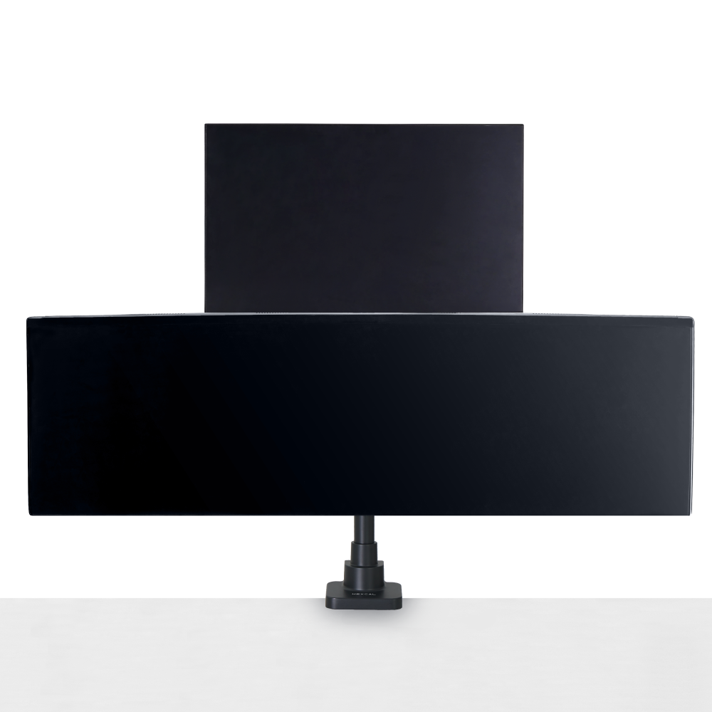 Hexcal Monitor Mount System with dual arms supporting ultrawide monitors.