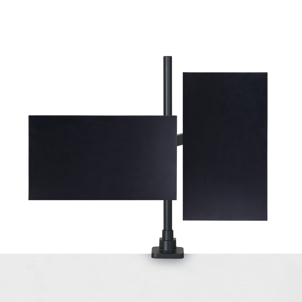 Hexcal Monitor Mount System dual arms holding two monitors side by side.
