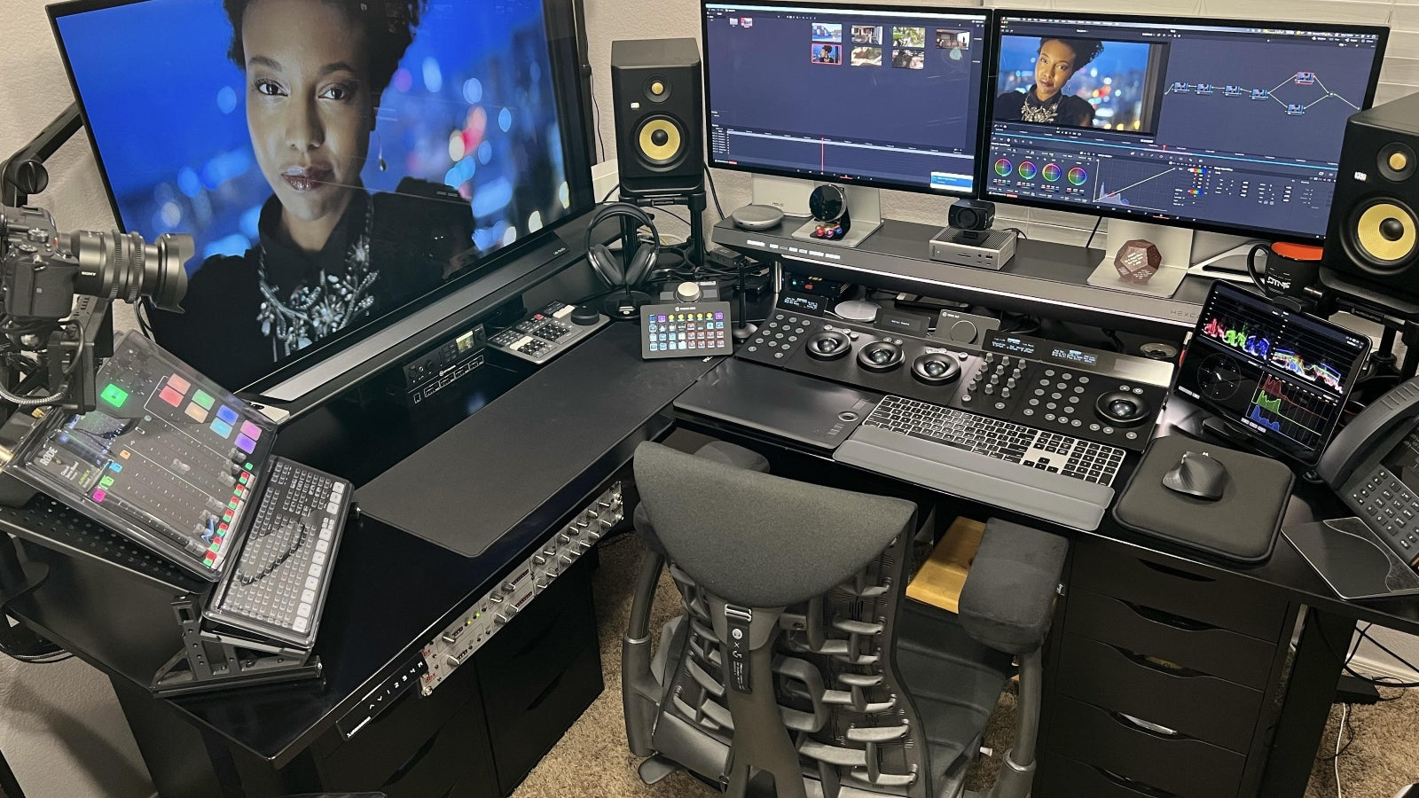 An ultimate home studio featuring Herman Miller Embody chair, ultrawide screen and multiple professional devices.