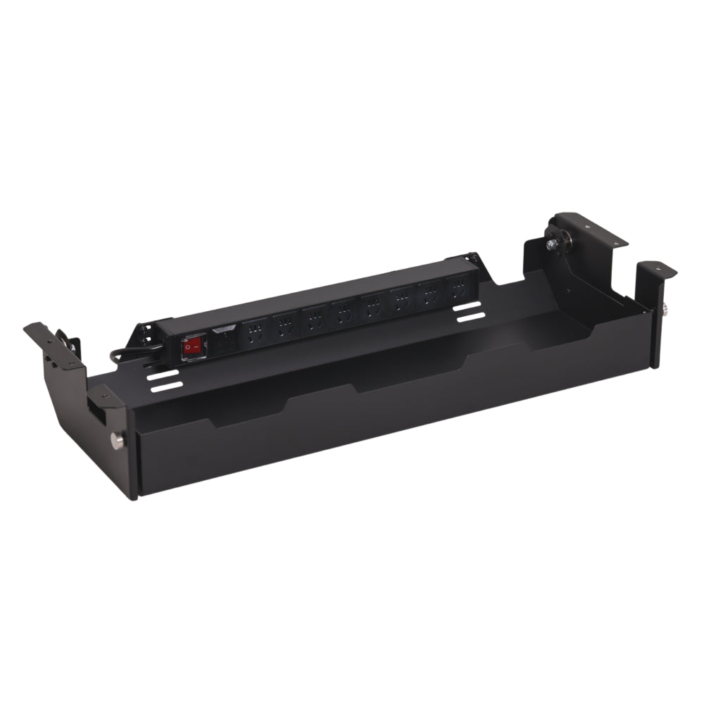 Hexcal under-desk cable management tray holding a monitor power route